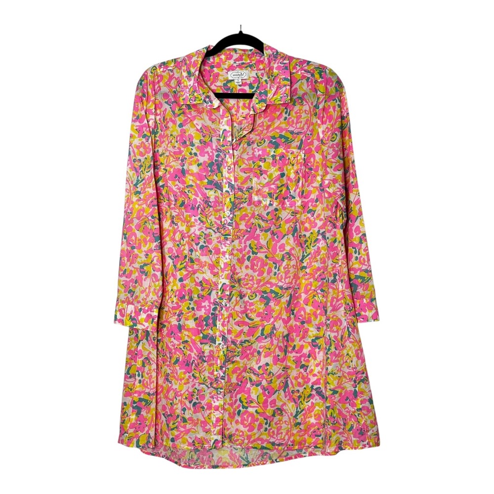 Mud Pie Womens Pink Yellow Abstract Floral Button Front Cotton Shirt Dress Small